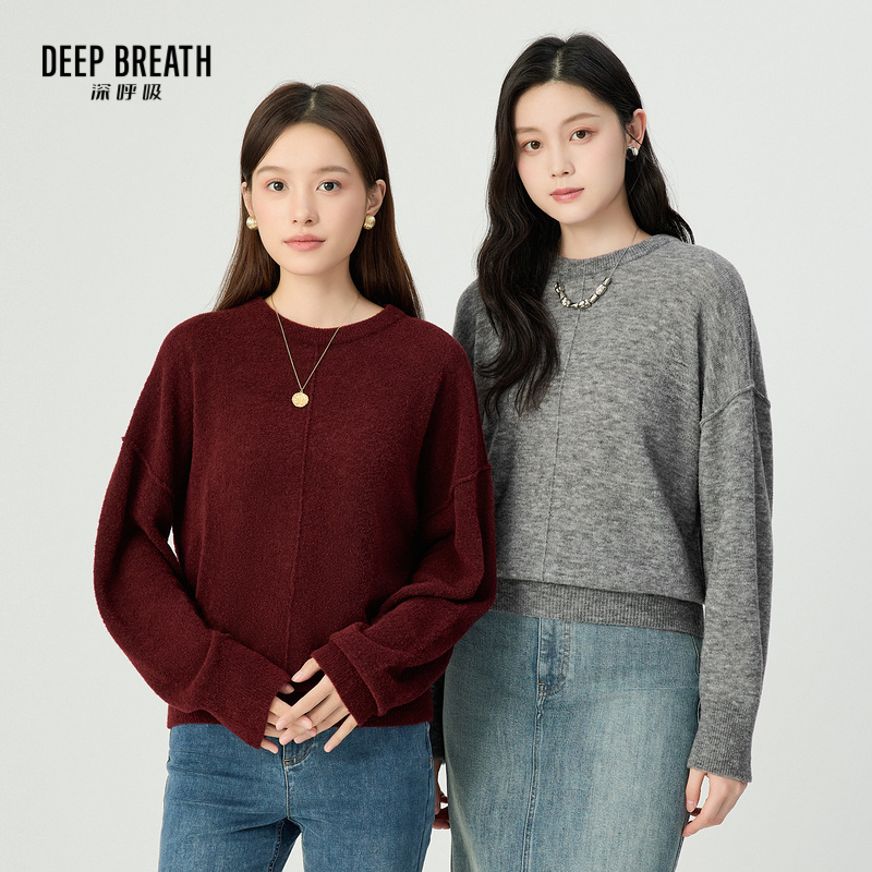 DEEP BREATH深呼吸女装 圆领纯色廓形宽松长袖针织衫A301708
