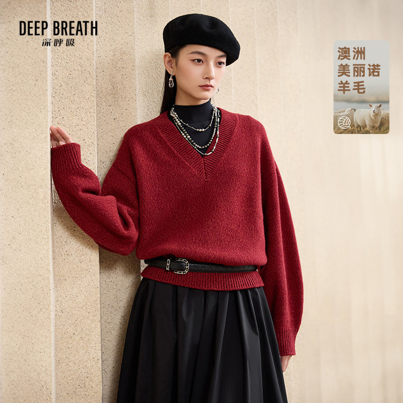 DEEP BREATH深呼吸女装 V领花纱水滴袖羊毛针织衫A301709