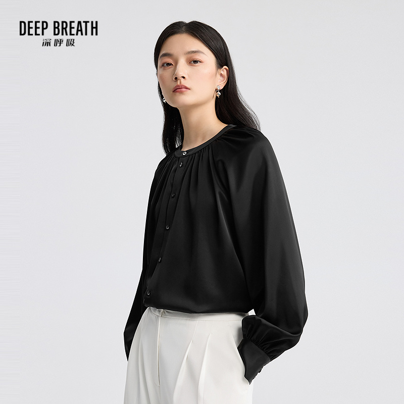 DEEP BREATH深呼吸女装 新款法式优雅圆领水滴袖醋酸衬衫A301757