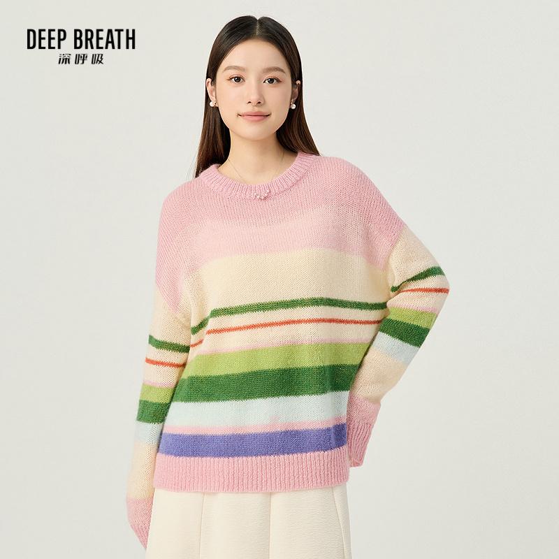 DEEP BREATH深呼吸女装 圆领廓形彩色条纹针织衫长袖上衣A301792