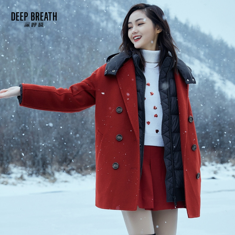DEEP BREATH深呼吸女装 翻领连肩双排扣中长款双面呢大衣毛呢外套A400343