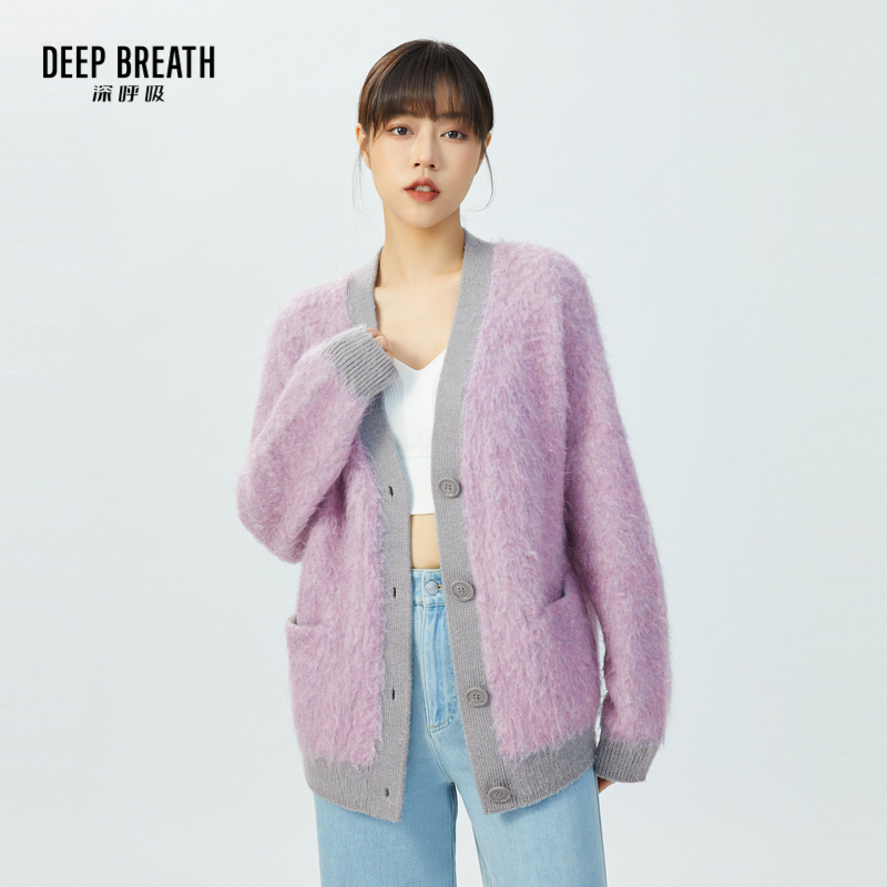 DEEP BREATH深呼吸女装 廓形V领花纱撞色马海毛针织衫开衫A400683