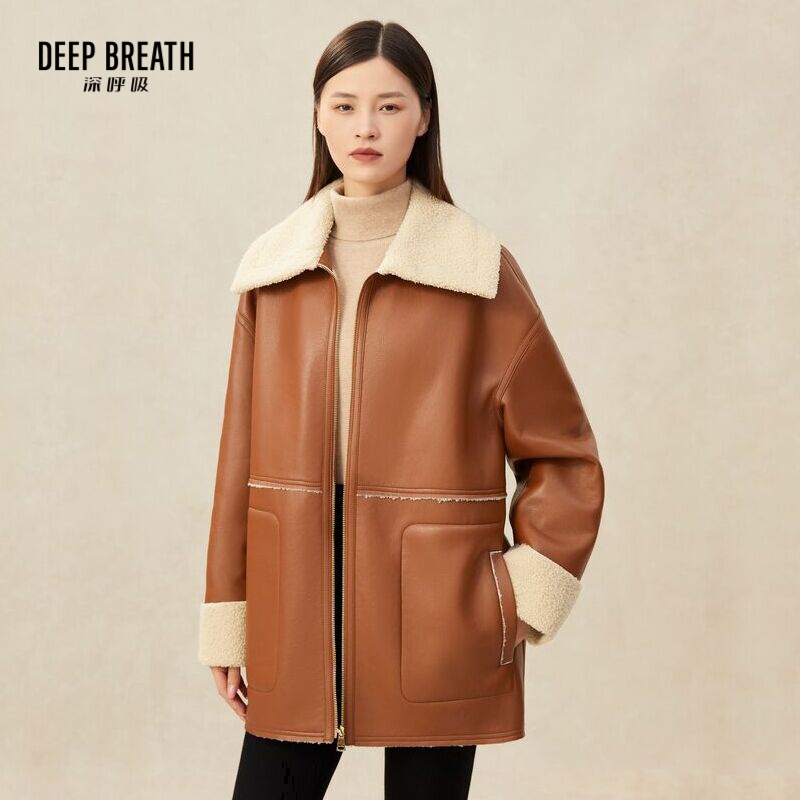 DEEP BREATH深呼吸女装 大翻领廓形PU皮衣简约中长款外套A400764