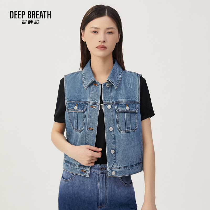 DEEP BREATH深呼吸女装 纯棉休闲翻领牛仔马甲外套A400768