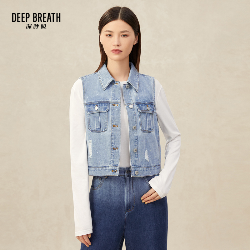 DEEP BREATH深呼吸女装 烫钻翻领短款休闲牛仔马甲外套A400799