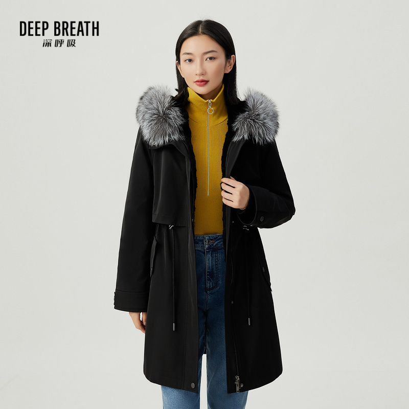 DEEP BREATH深呼吸女装 连帽大衣中长款皮草派克服外套A400816