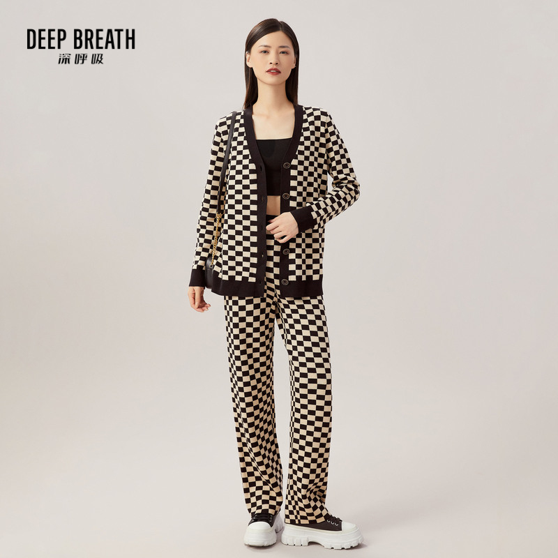 DEEP BREATH深呼吸女装 V领棋盘格针织开衫长裤休闲套装A400821-A100207