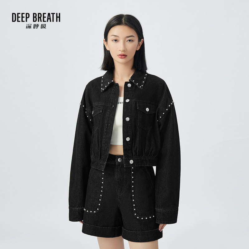 DEEP BREATH深呼吸女装 铆钉休闲短款牛仔外套短裤套装A400832-A100211