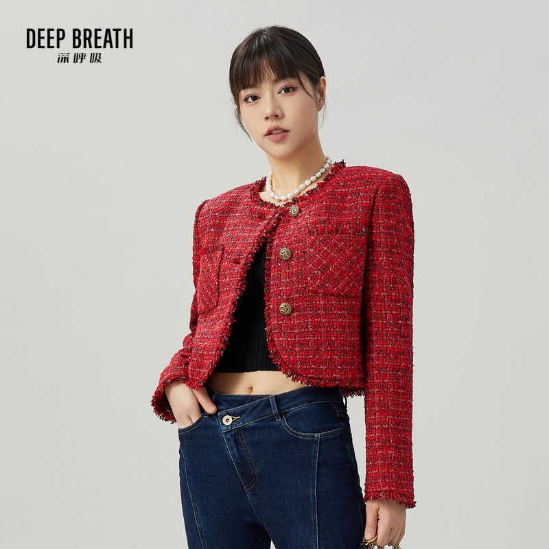 DEEP BREATH深呼吸女装 精致复古圆领纯色小香风短款外套A400864