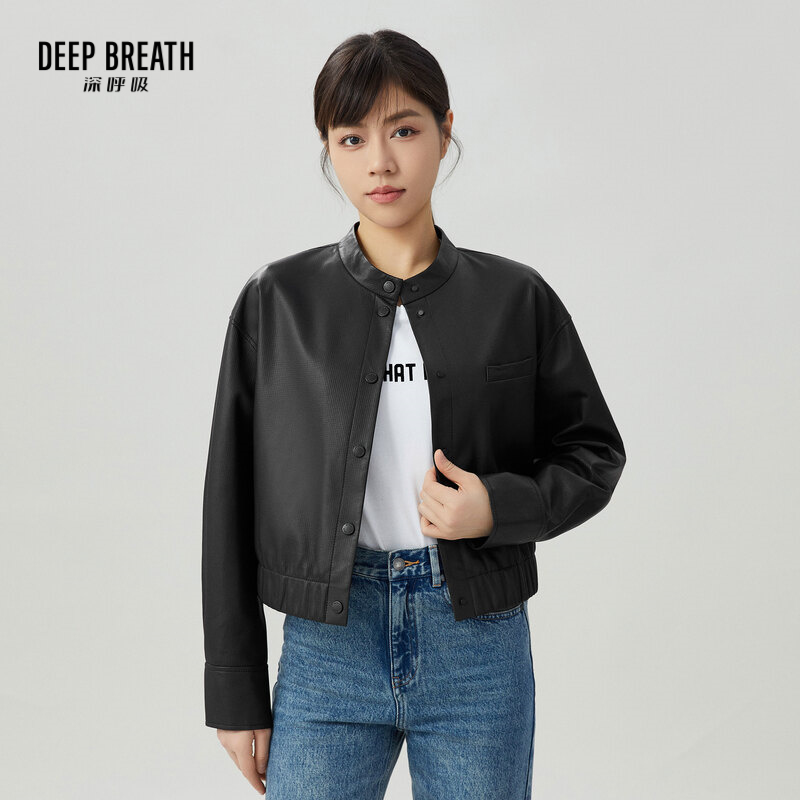 DEEP BREATH深呼吸女装 简约长袖短款绵羊皮小立领真皮皮衣A400866