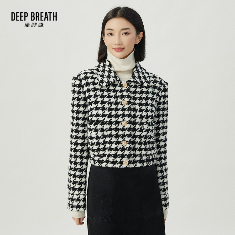 DEEP BREATH深呼吸女装  千鸟格小香风造型翻领短款外套A400882