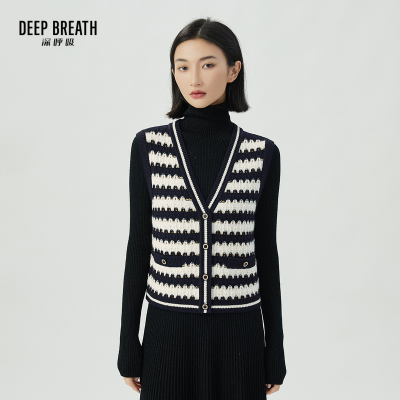 DEEP BREATH深呼吸女装 无袖V领条纹拼色葱纱开衫马甲A400904