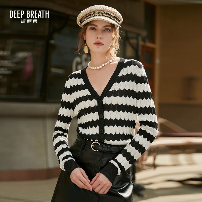 DEEP BREATH深呼吸女装 V领拼色金银丝波浪纹针织开衫A400918