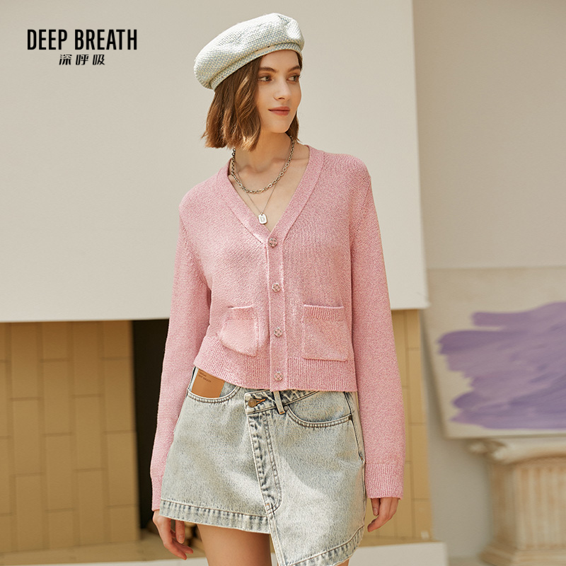 DEEP BREATH深呼吸女装  V领花纱小香风针织开衫花纱上衣 A400922