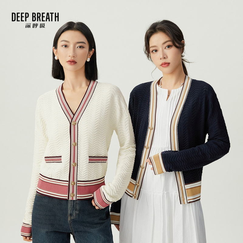 DEEP BREATH深呼吸女装 V领波浪肌理拼色单排扣针织开衫A400932