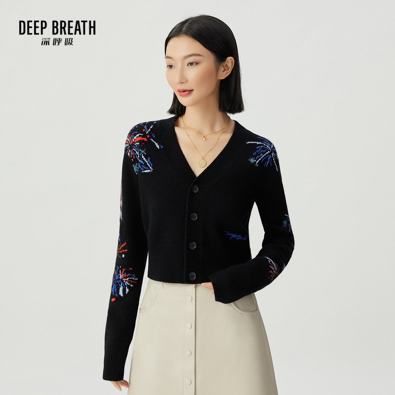 DEEP BREATH深呼吸女装 羊毛V领拼色提花烟花图案针织开衫A400935
