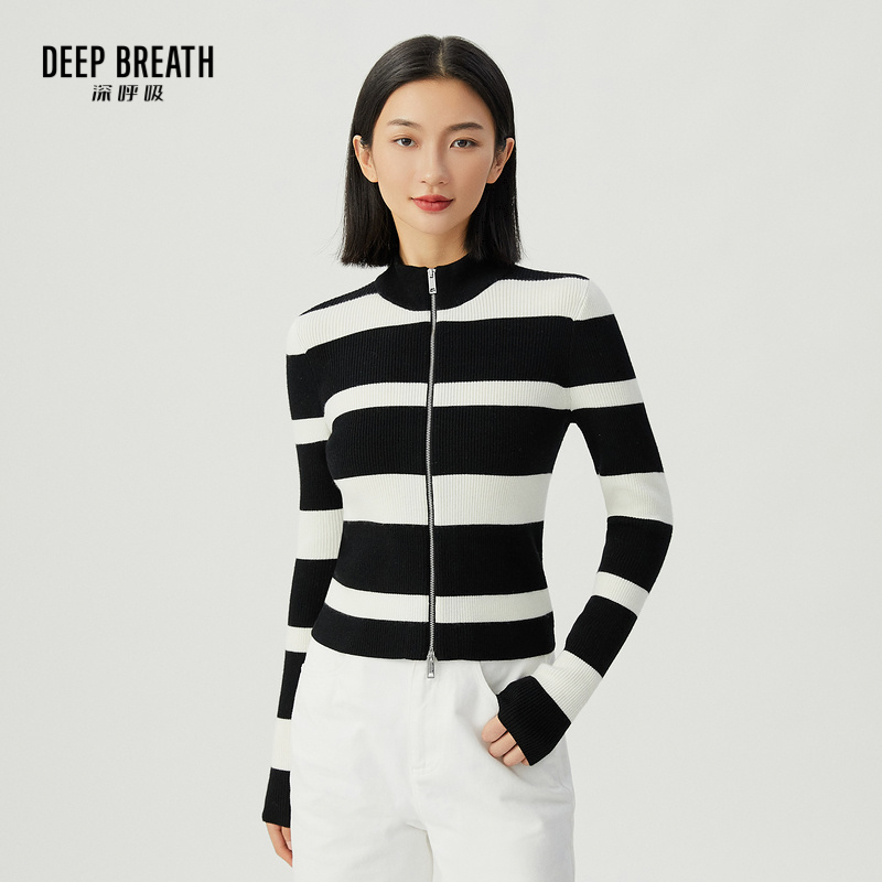 DEEP BREATH深呼吸女装  烟管领长袖双头拉链条纹拼色开衫A400951