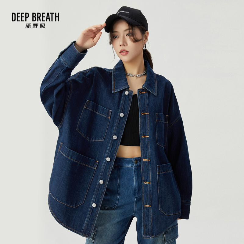 DEEP BREATH深呼吸女装 休闲中长款纯棉翻领宽松牛仔外套A401012