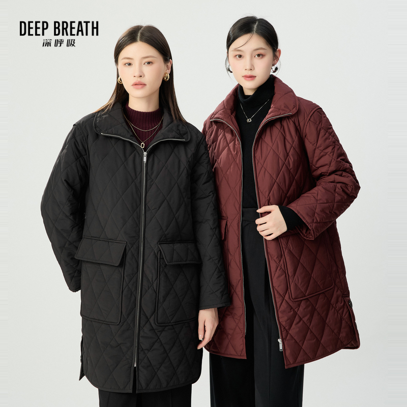 DEEP BREATH深呼吸女装 菱格拉链中长款新雪丽棉服外套A401053