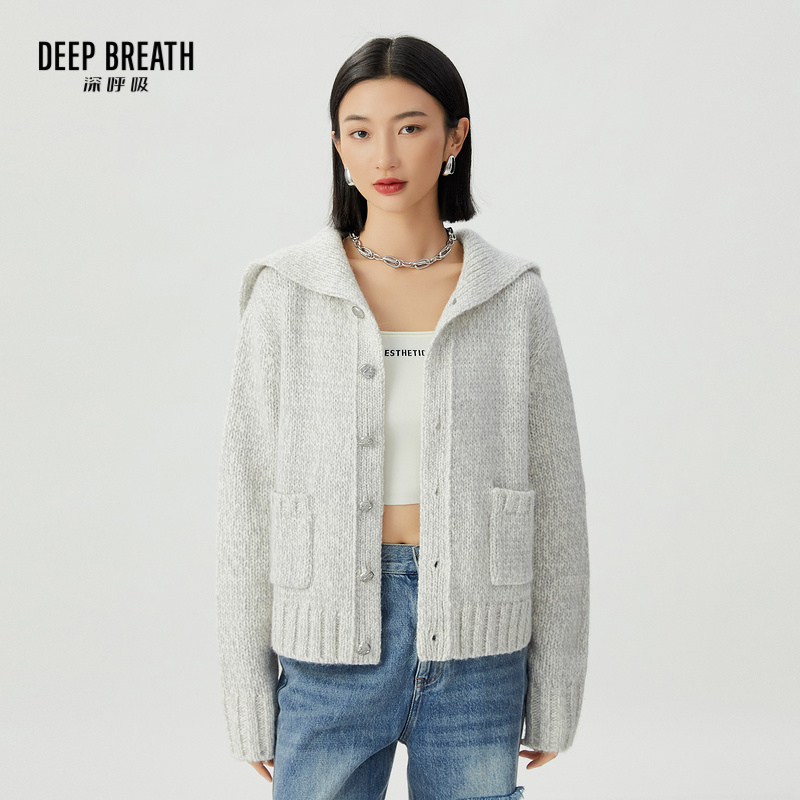 DEEP BREATH深呼吸女装 廓形翻领双口袋纽扣针织开衫A401054
