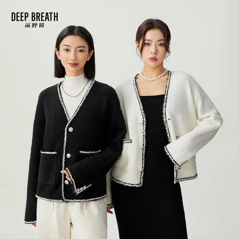 DEEP BREATH深呼吸女装 V领拼条针织开衫小香针织衫外套A401064