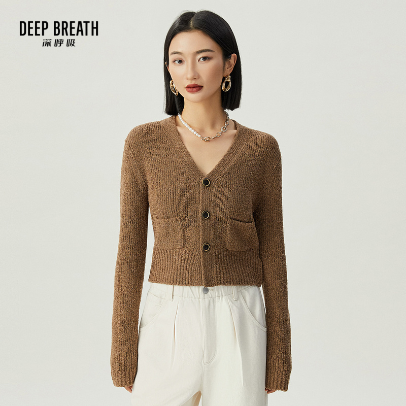 DEEP BREATH深呼吸女装 V领口袋针织开衫短款针织衫上衣A401066