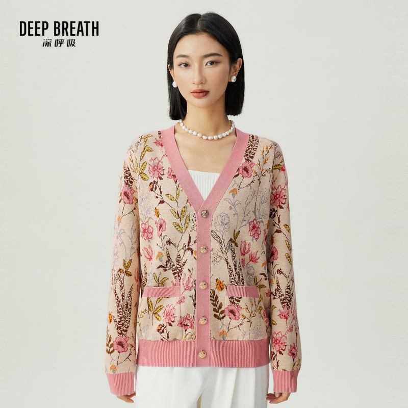 DEEP BREATH深呼吸女装 V领花卉图案中长款羊毛针织开衫A401071