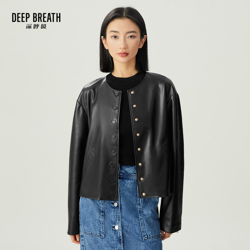 DEEP BREATH深呼吸女装 圆纯色长袖单排扣圆领多扣PU皮衣A401082