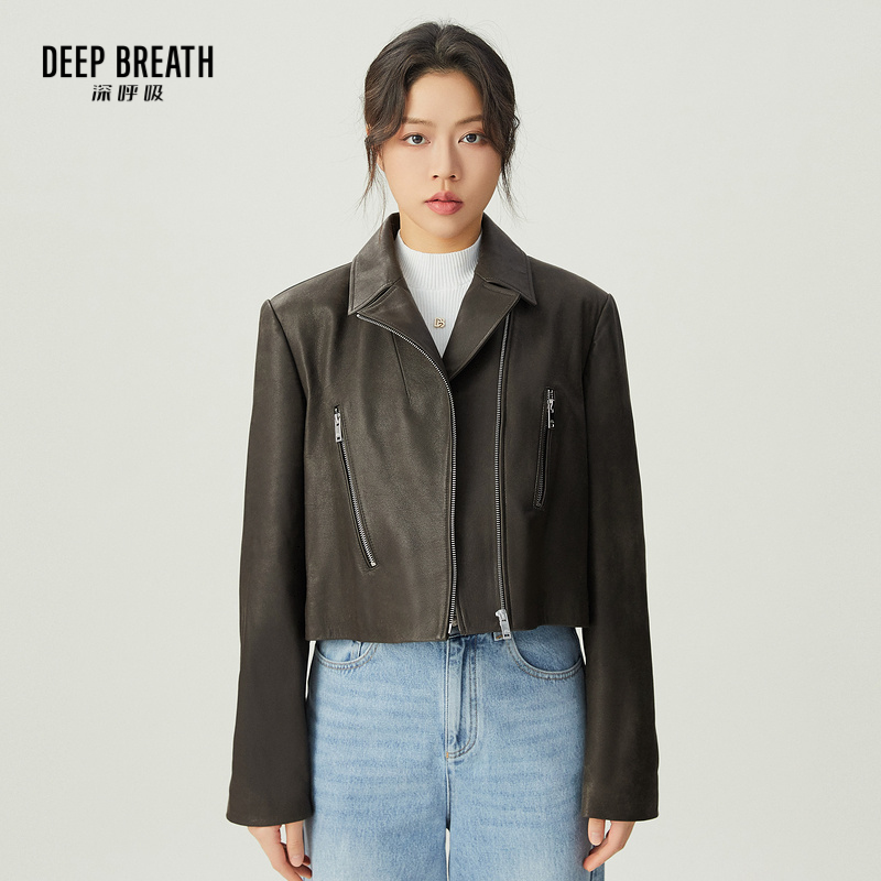 DEEP BREATH深呼吸女装 驳领暗纹牛皮衣垫肩短款长袖外套A401084