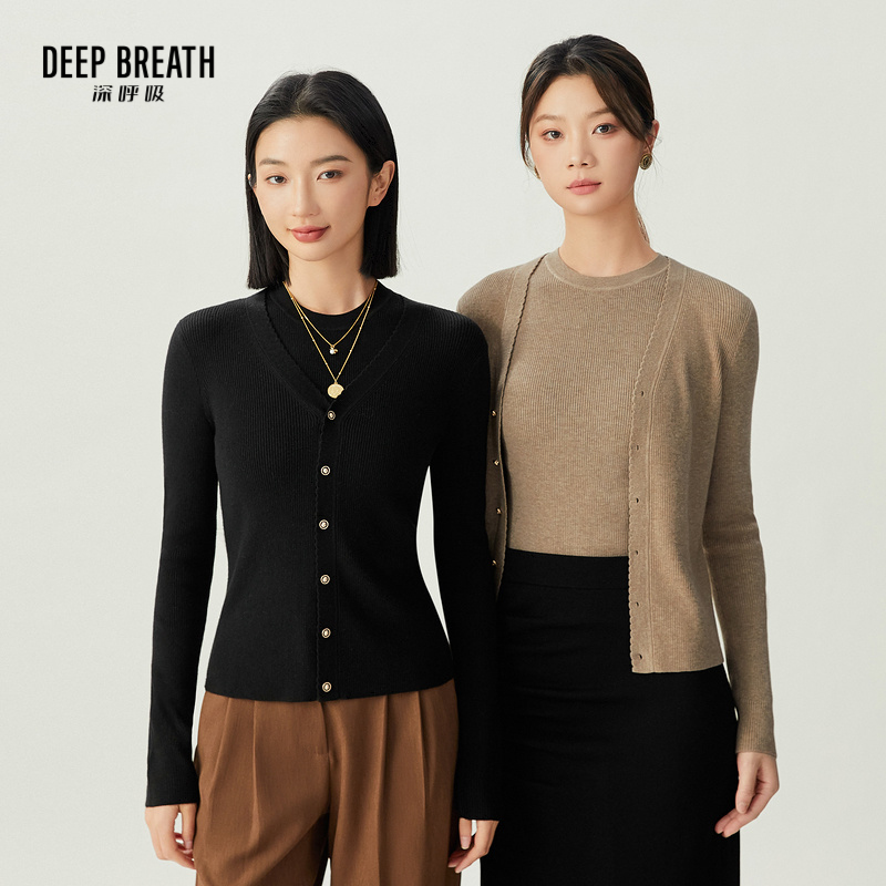 DEEP BREATH深呼吸女装 波浪边开衫竖坑条背心套装A401090-A301467