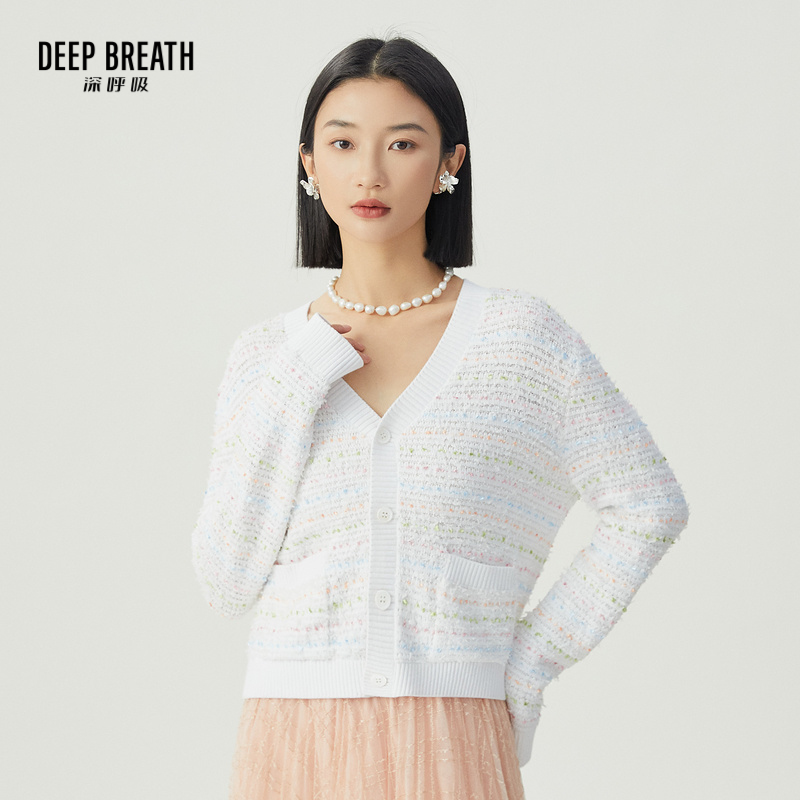 DEEP BREATH深呼吸女装 气质V领花纱小香风拼色针织开衫A401106