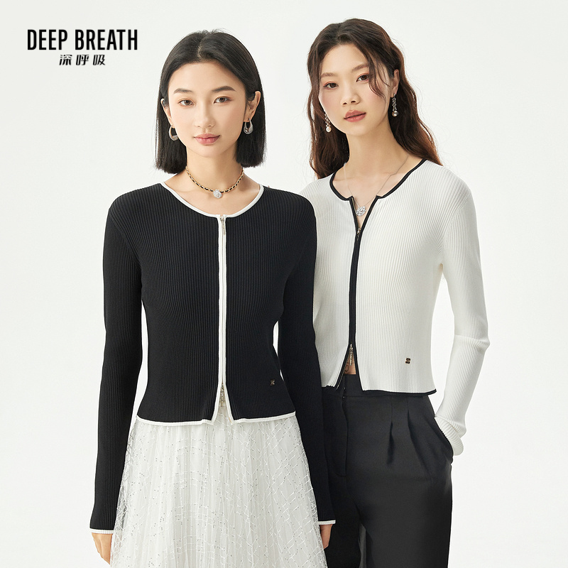 DEEP BREATH深呼吸女装 简约圆领拼色坑条双拉链针织开衫A401108
