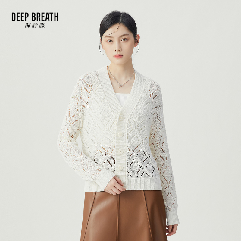 DEEP BREATH深呼吸女装 V领镂空肌理廓形长袖针织衫外套A401109