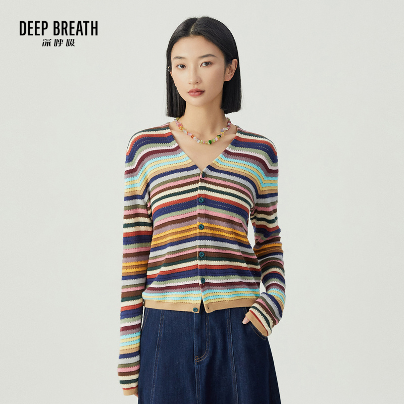 DEEP BREATH深呼吸女装 简约V领拼色条纹长袖针织开衫A401115