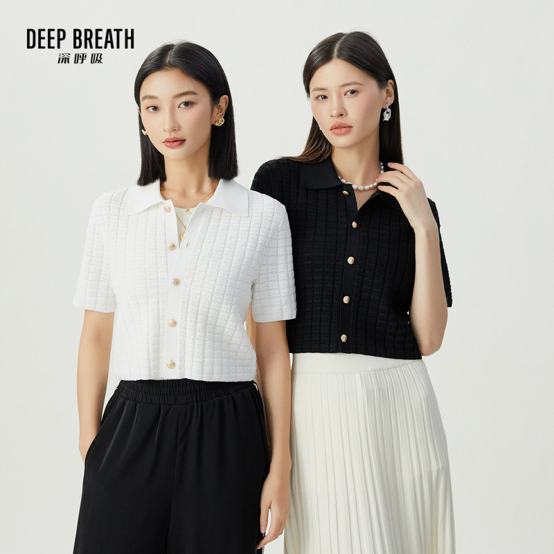 DEEP BREATH深呼吸女装 polo领肌理感金属扣针织短袖开衫A401133