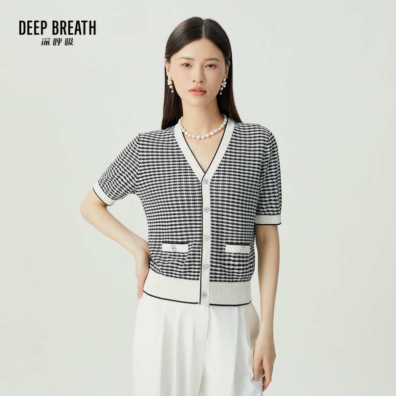DEEP BREATH深呼吸女装 V领拼色肌理口袋贴短袖针织开衫A401134