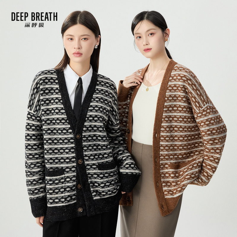 DEEP BREATH深呼吸女装 V领撞色肌理针织开衫外套A401195