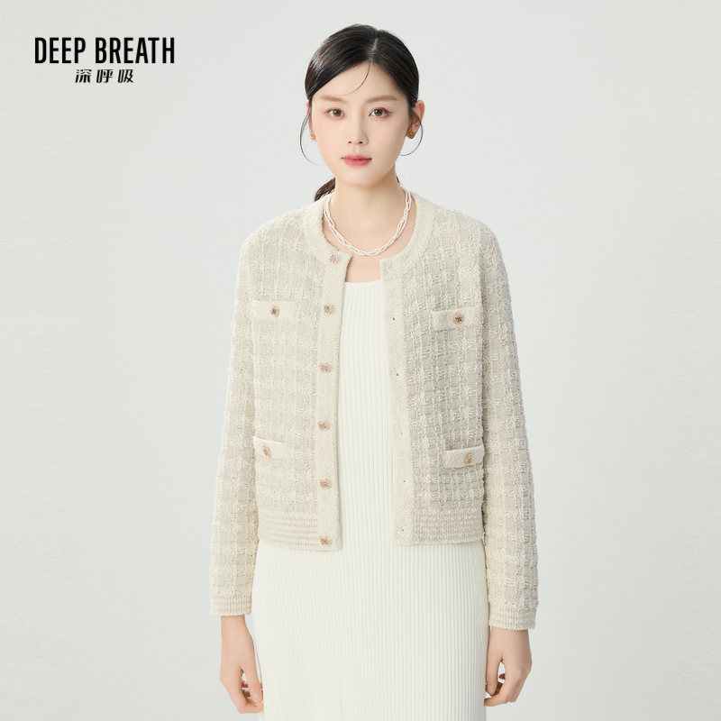 DEEP BREATH深呼吸女装 小香风拼色肌理针织开衫外套A401203
