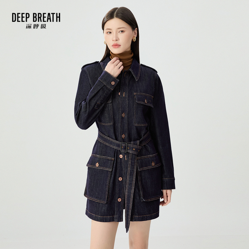 DEEP BREATH深呼吸女装 休闲垫肩牛仔中长款猎装外套A401221