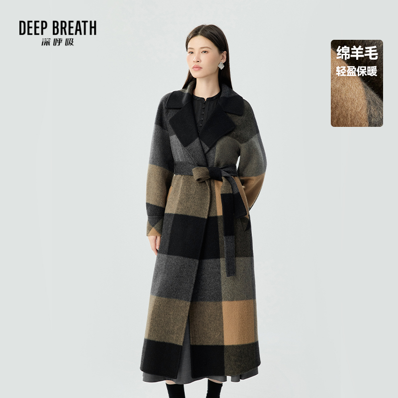 DEEP BREATH深呼吸女装 大翻领格纹长款大衣(附腰带)A401245