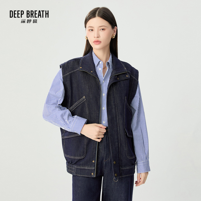 DEEP BREATH深呼吸女装 宽松几何口袋牛仔造型马甲A401257