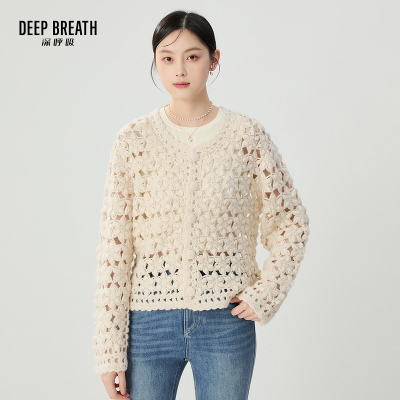 DEEP BREATH深呼吸女装 圆领手工勾花造型针织开衫A401263