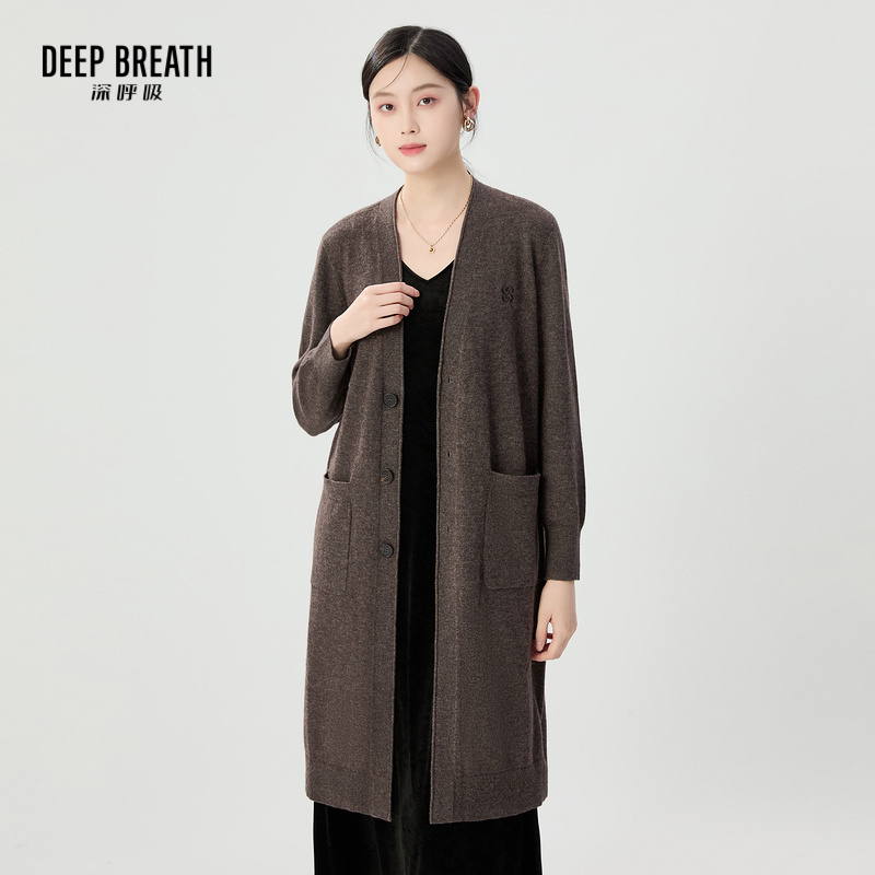 DEEP BREATH深呼吸女装 V领中长款廓形纯色针织开衫A401296