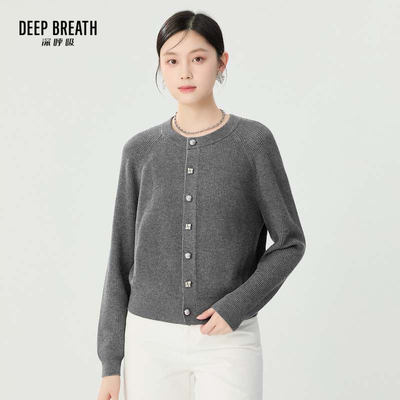 DEEP BREATH深呼吸女装 圆领直身廓形竖坑条针织开衫A401305
