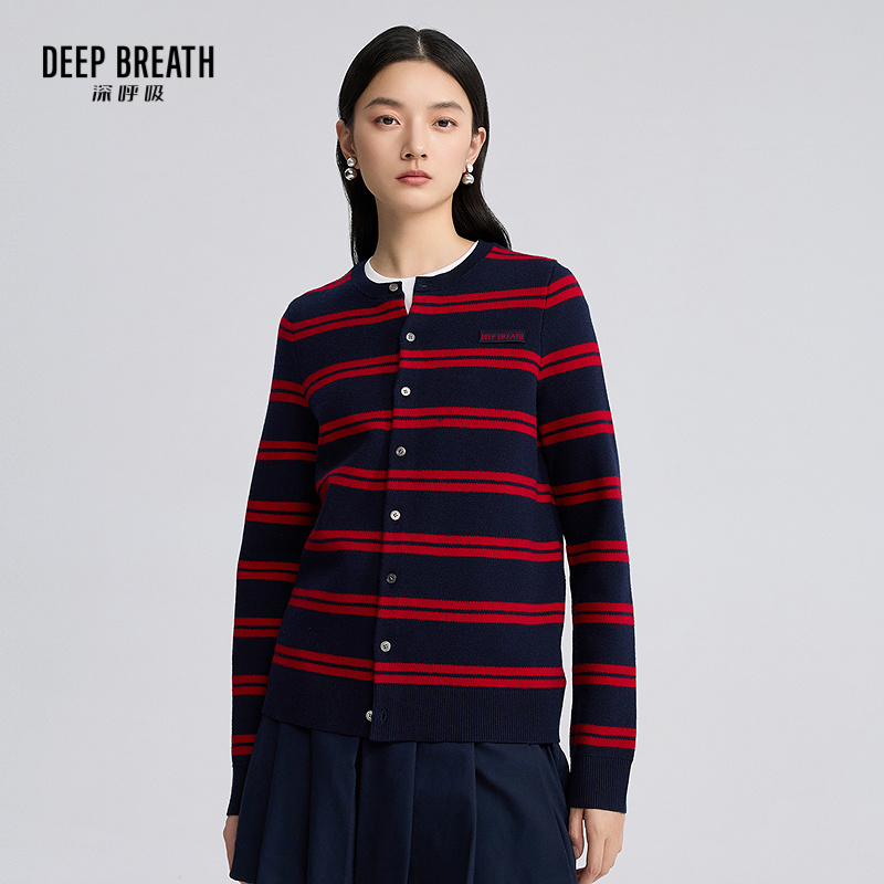DEEP BREATH深呼吸女装 复古圆领直筒条纹拼色长袖针织开衫A401361