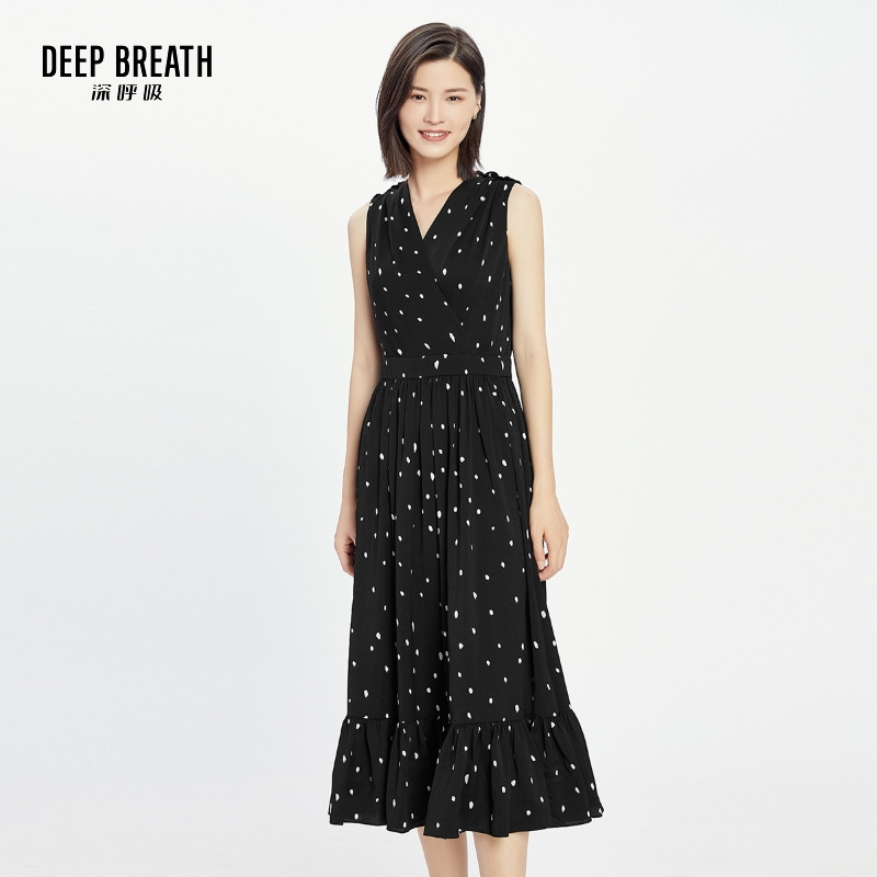 DEEP BREATH深呼吸女装 V领无袖波点中长连衣裙A500109
