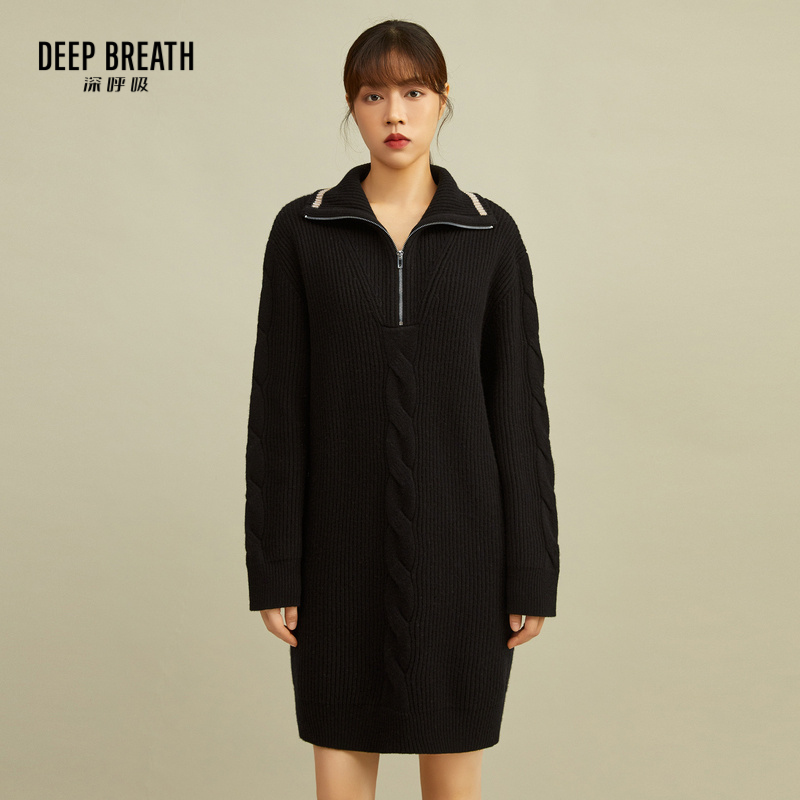 DEEP BREATH深呼吸女装 拉链翻领拼色粗棒羊毛针织连衣裙A500172