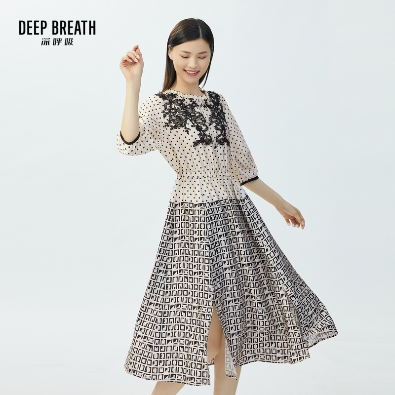 DEEP BREATH深呼吸女装 复古木耳领拼接松紧腰洋装连衣裙A500188