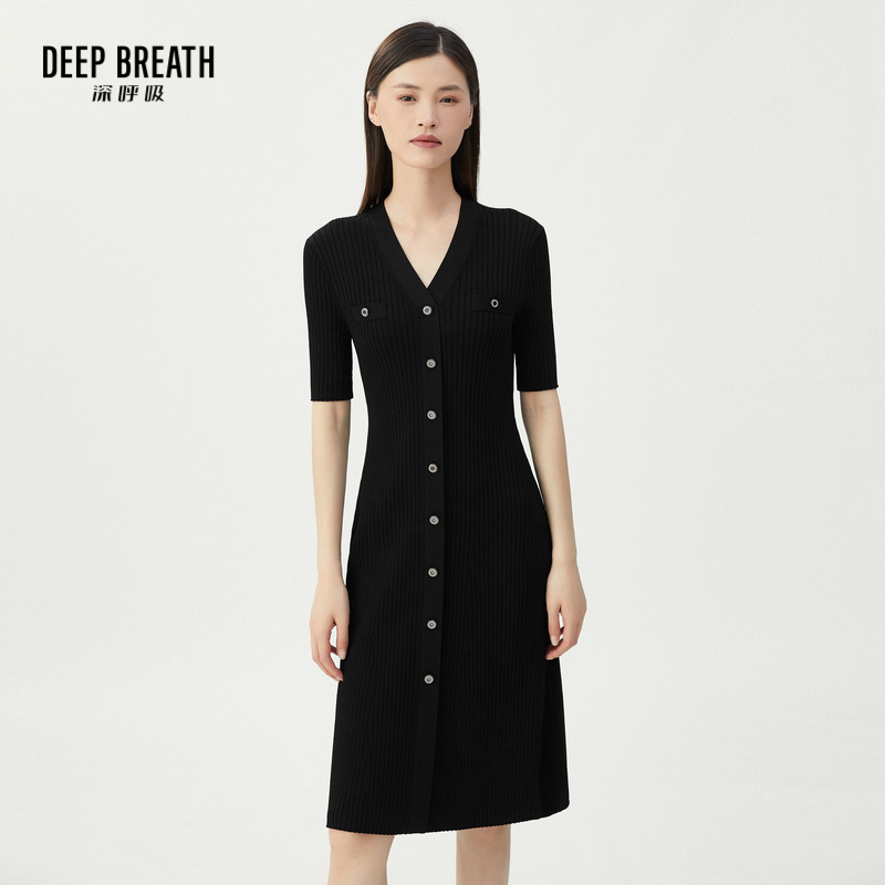 DEEP BREATH深呼吸女装 V领半袖修身针织连衣裙A500211