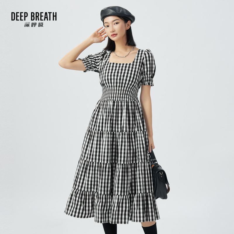 DEEP BREATH深呼吸女装  格纹短袖收腰方领泡泡袖连衣裙A500224